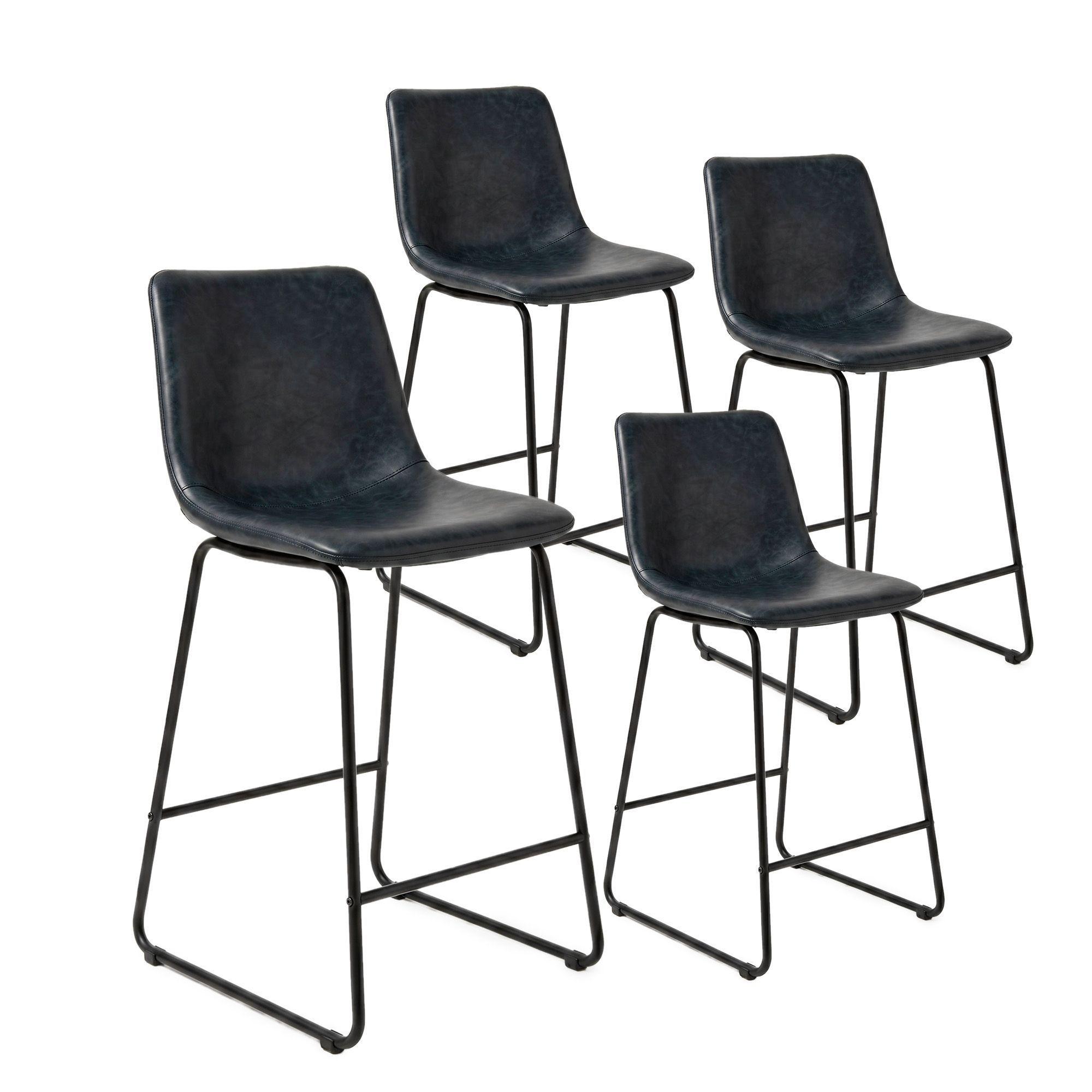 Pack 4 Sillas Piso Bar Taburetes Cocina Respaldo Metal Cuero Altas Burgos Negros-0