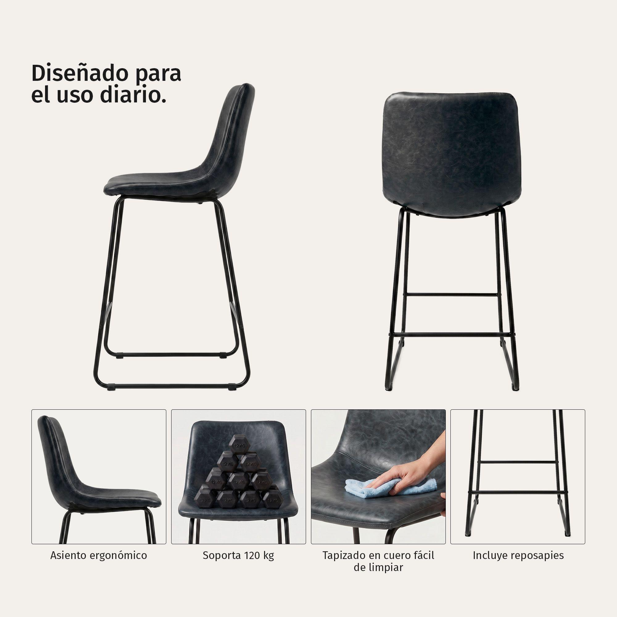 Pack 4 Sillas Piso Bar Taburetes Cocina Respaldo Metal Cuero Altas Burgos Negros-2