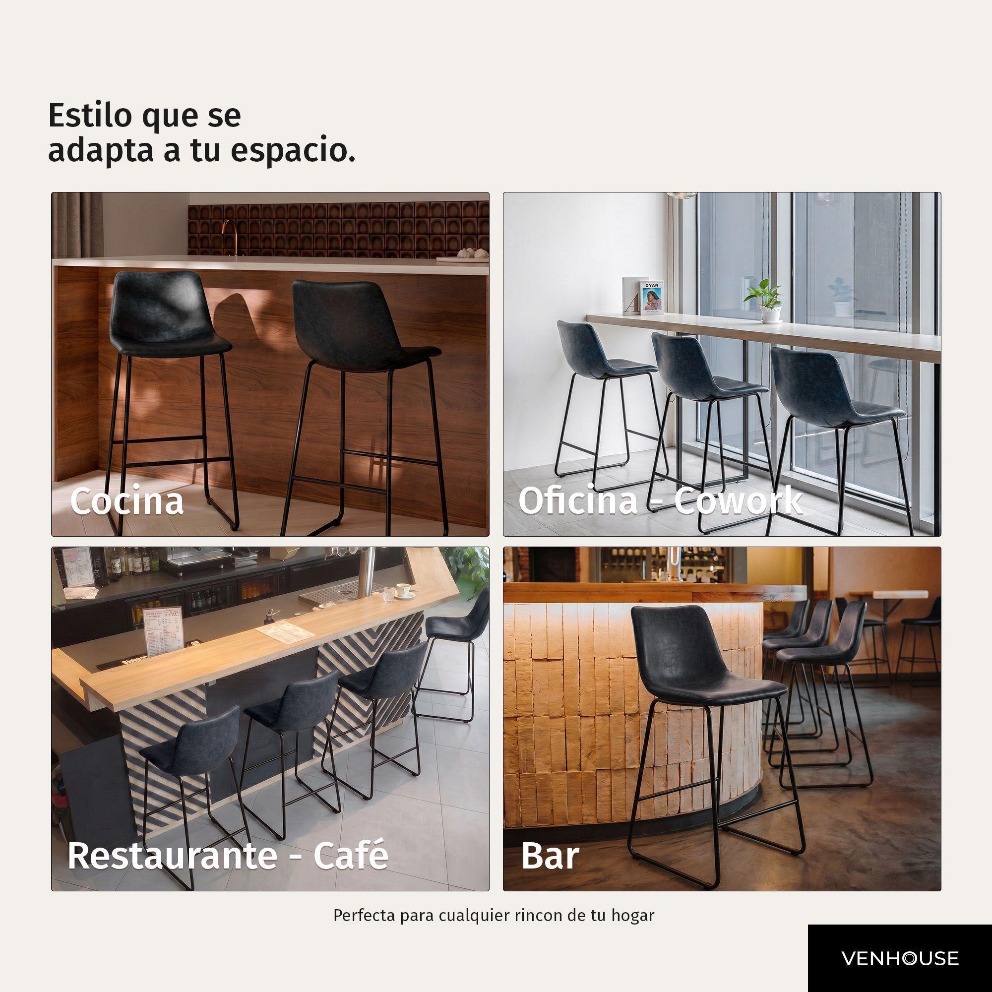 Pack 4 Sillas Piso Bar Taburetes Cocina Respaldo Metal Cuero Altas Burgos Negros-5