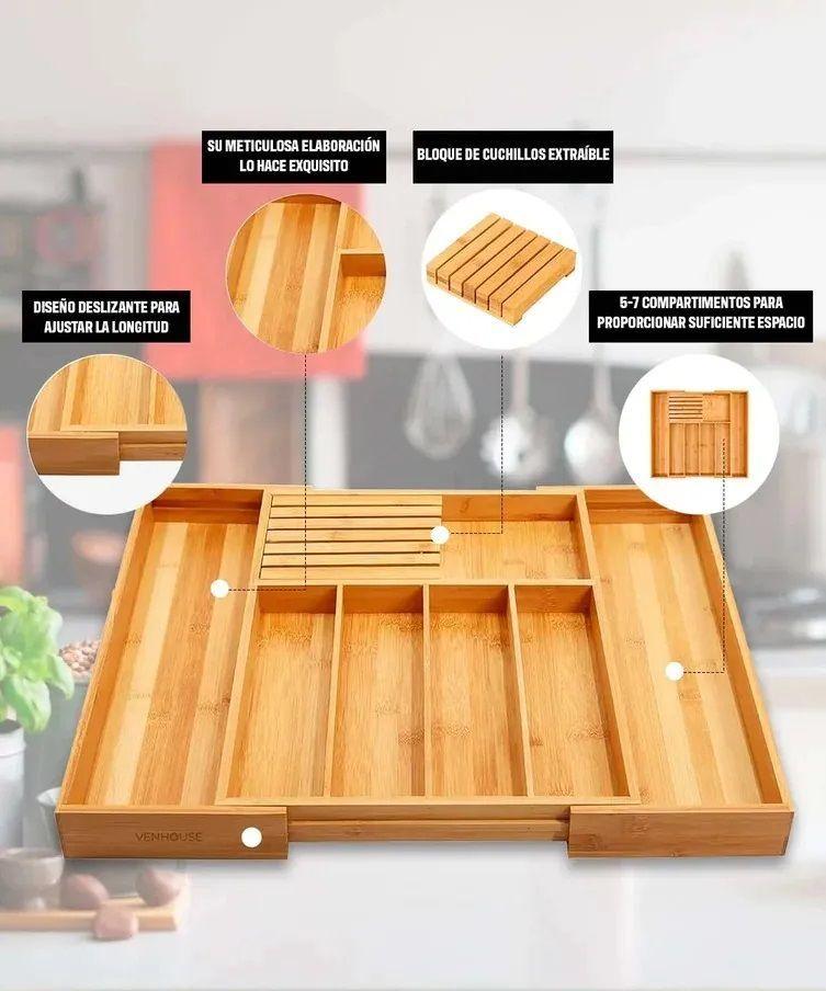 Venhoouse Organizador De Cubiertos Bambú Ajustable 7 Compart-4