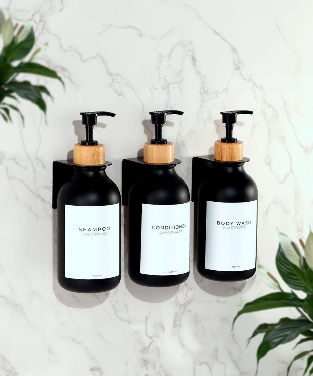 Venhoouse Pack 3 Dispensador De Jabón 500 Ml Plástico Bambú Negros-2