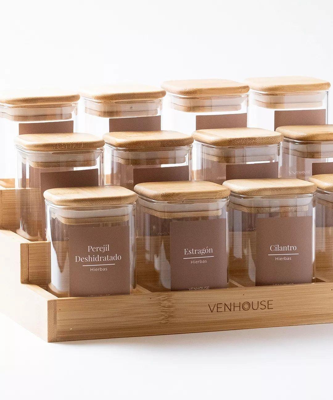 12 Especieros Herméticos De Vidrio Bambú Rack Para Cocina Etiqueta Marrón -3