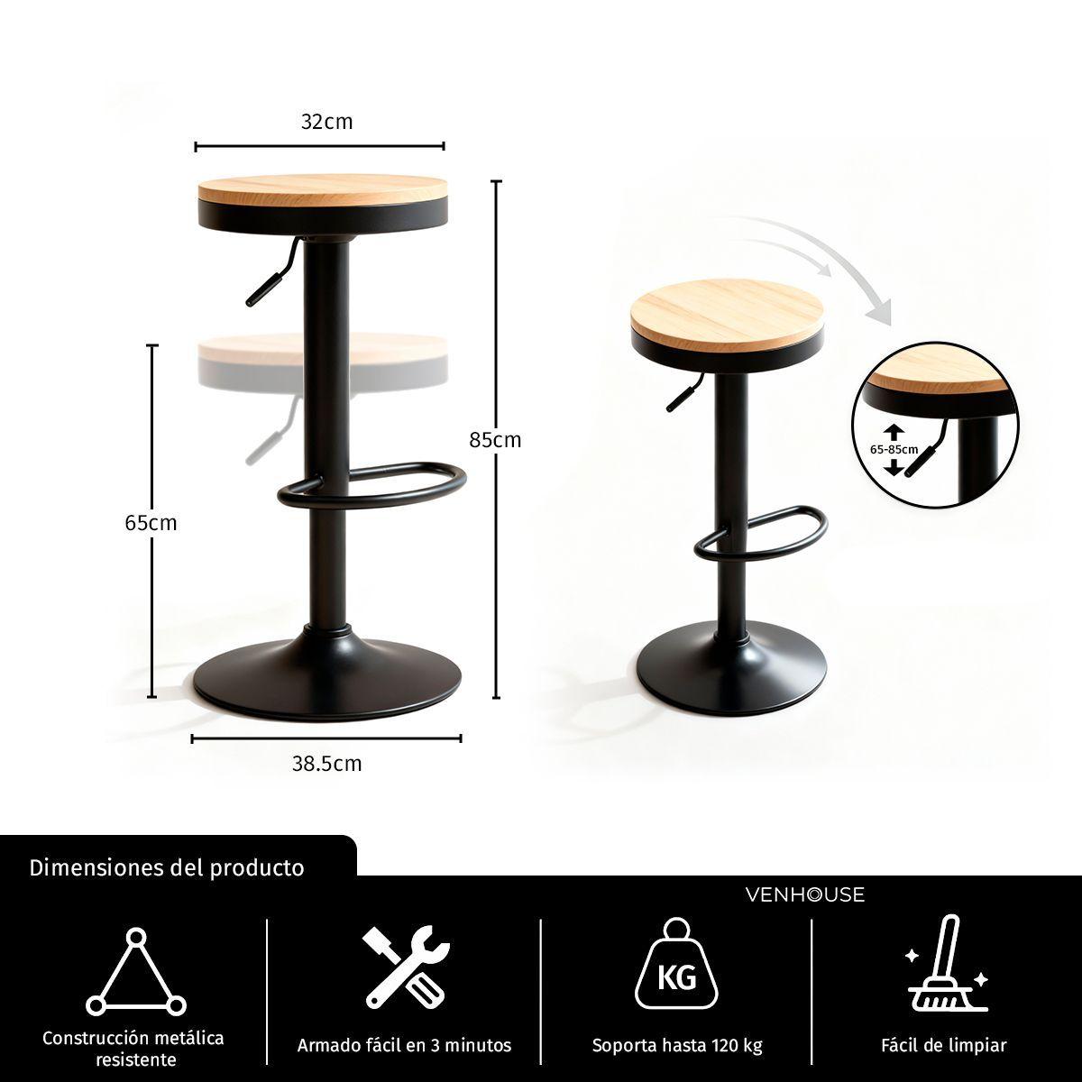 Venhoouse Taburete Aron Regulable Piso Bar Asiento De Madera Negro-2