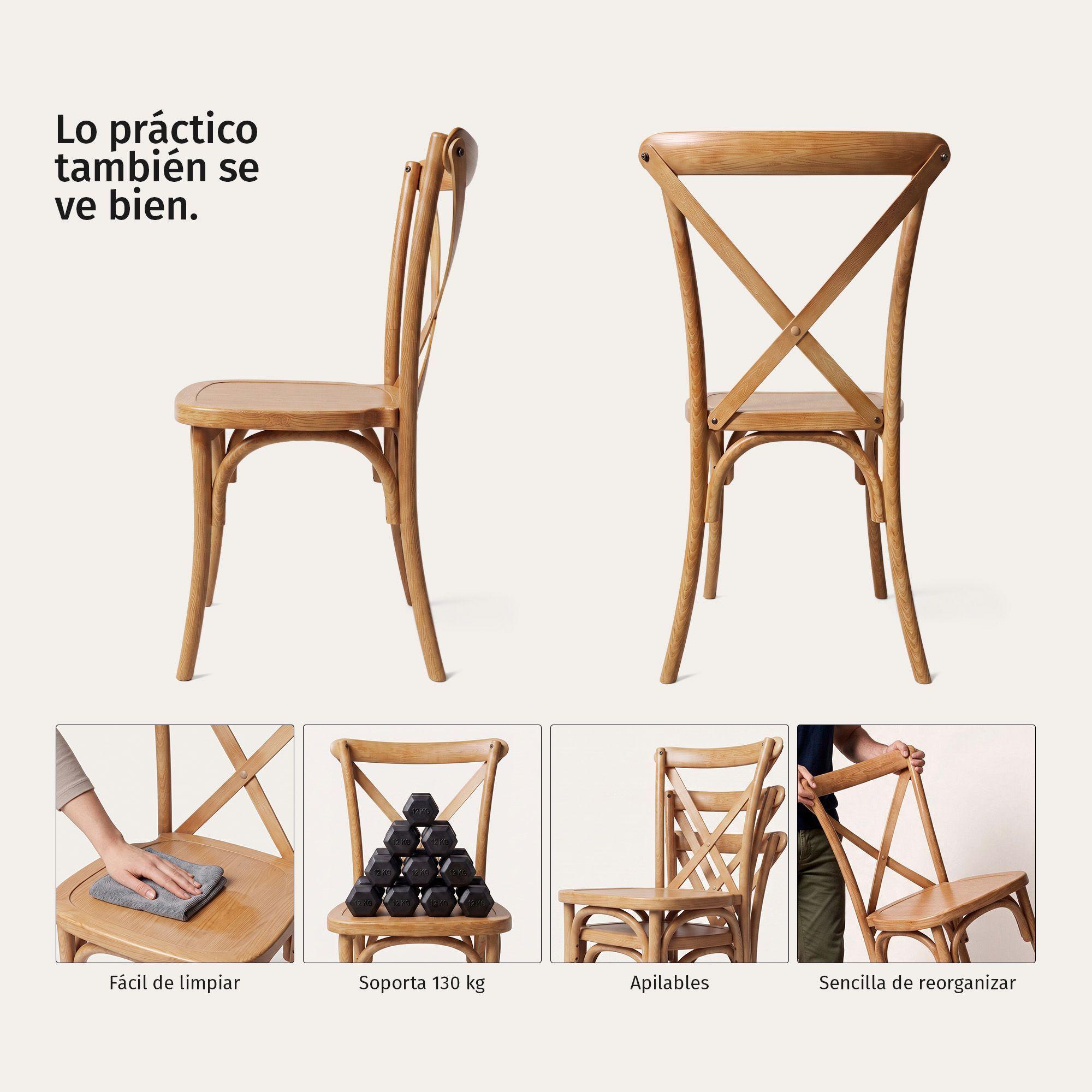 Pack 2 Sillas Terraza Comedor Crossback Apilables Polipropileno Acabado Madera-2