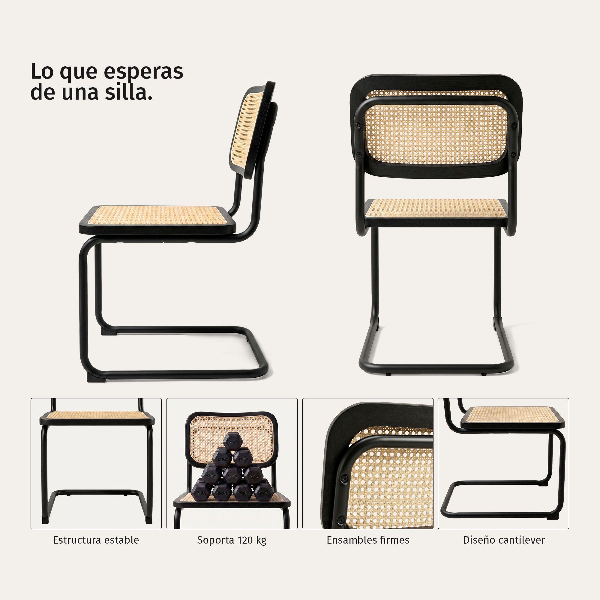 Pack 2 Sillas Para Comedor Cocina Ratán Madera Moderna Respaldo Breuer Negras-2