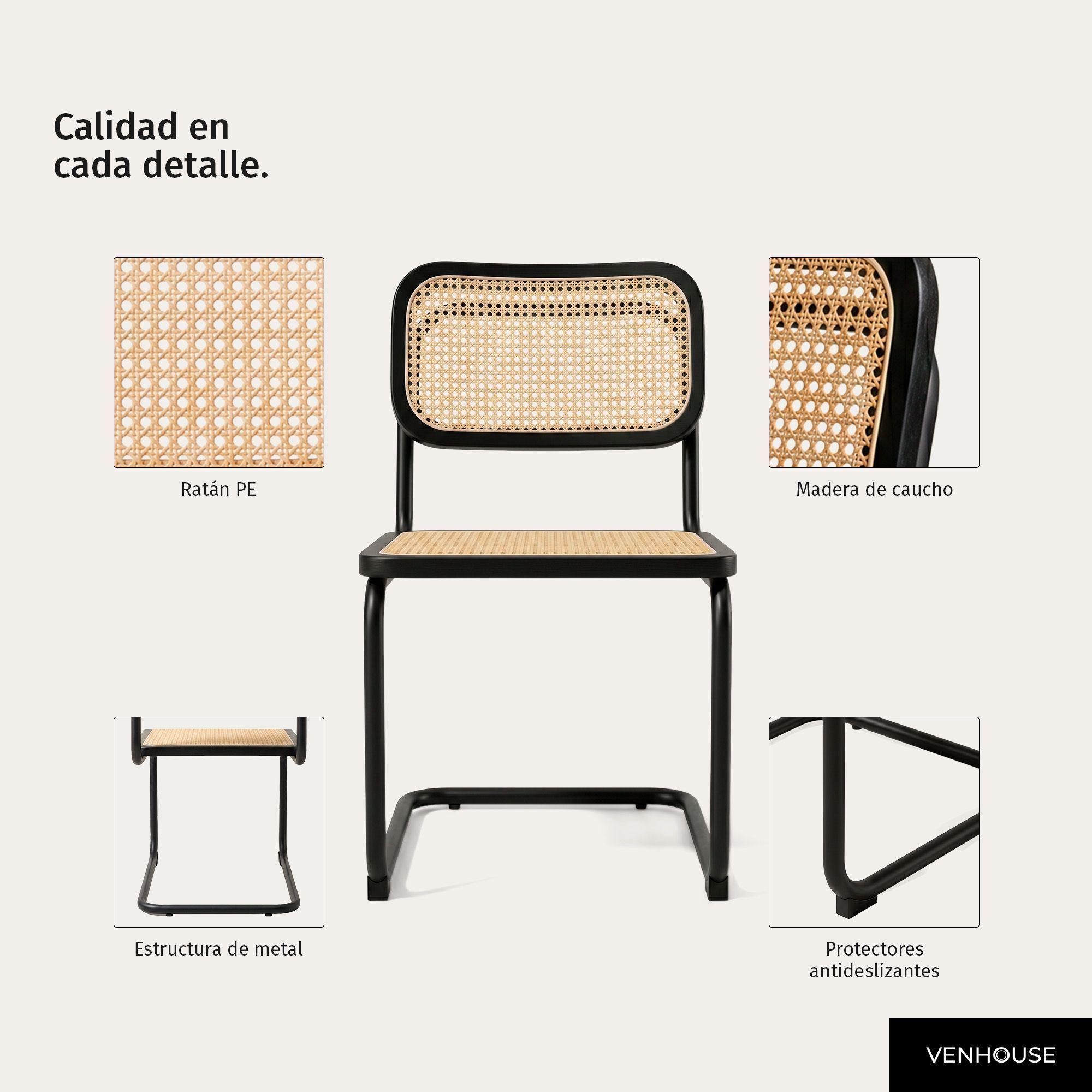 Pack 2 Sillas Para Comedor Cocina Ratán Madera Moderna Respaldo Breuer Negras-4
