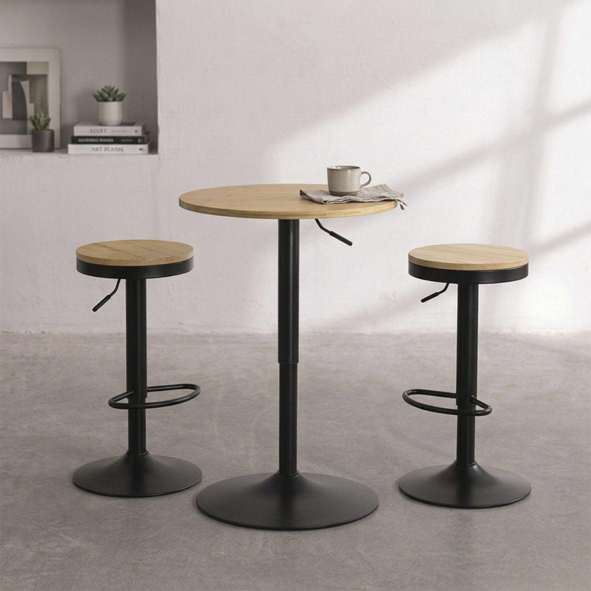 Set Mesa Lorven Madera Clara Altura Ajustable Diámetro 60cm con 2 Taburetes Aron-0