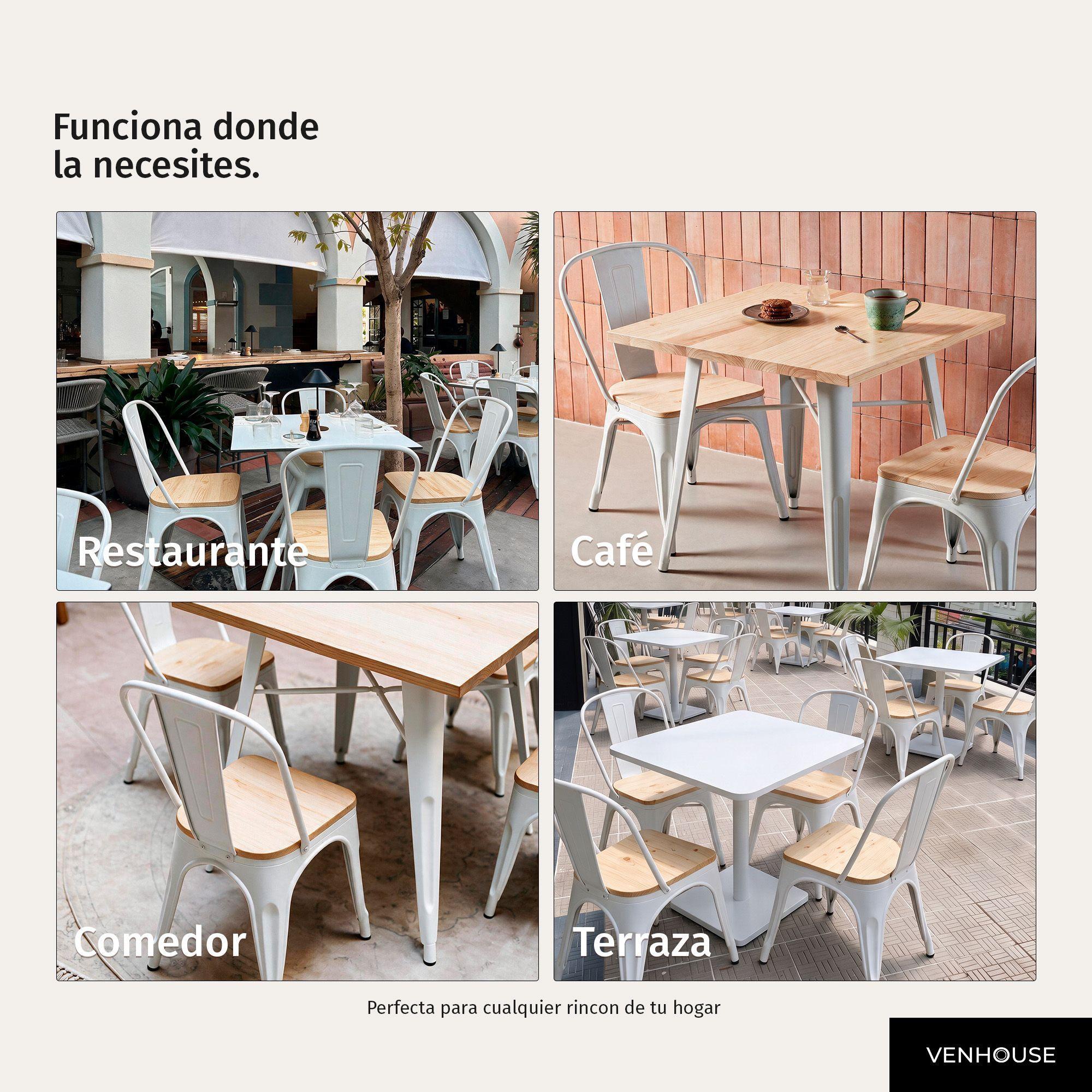 Pack 4 Sillas Comedor Terraza Exterior Tolix Metal Madera Natural Apilables Industrial Blancas-6