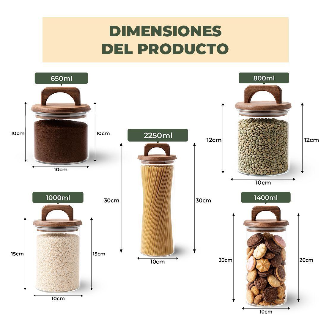 Set 5 Contenedores Herméticos Vidrio Cocina Acacia Con Asa Etiqueta Negra-3