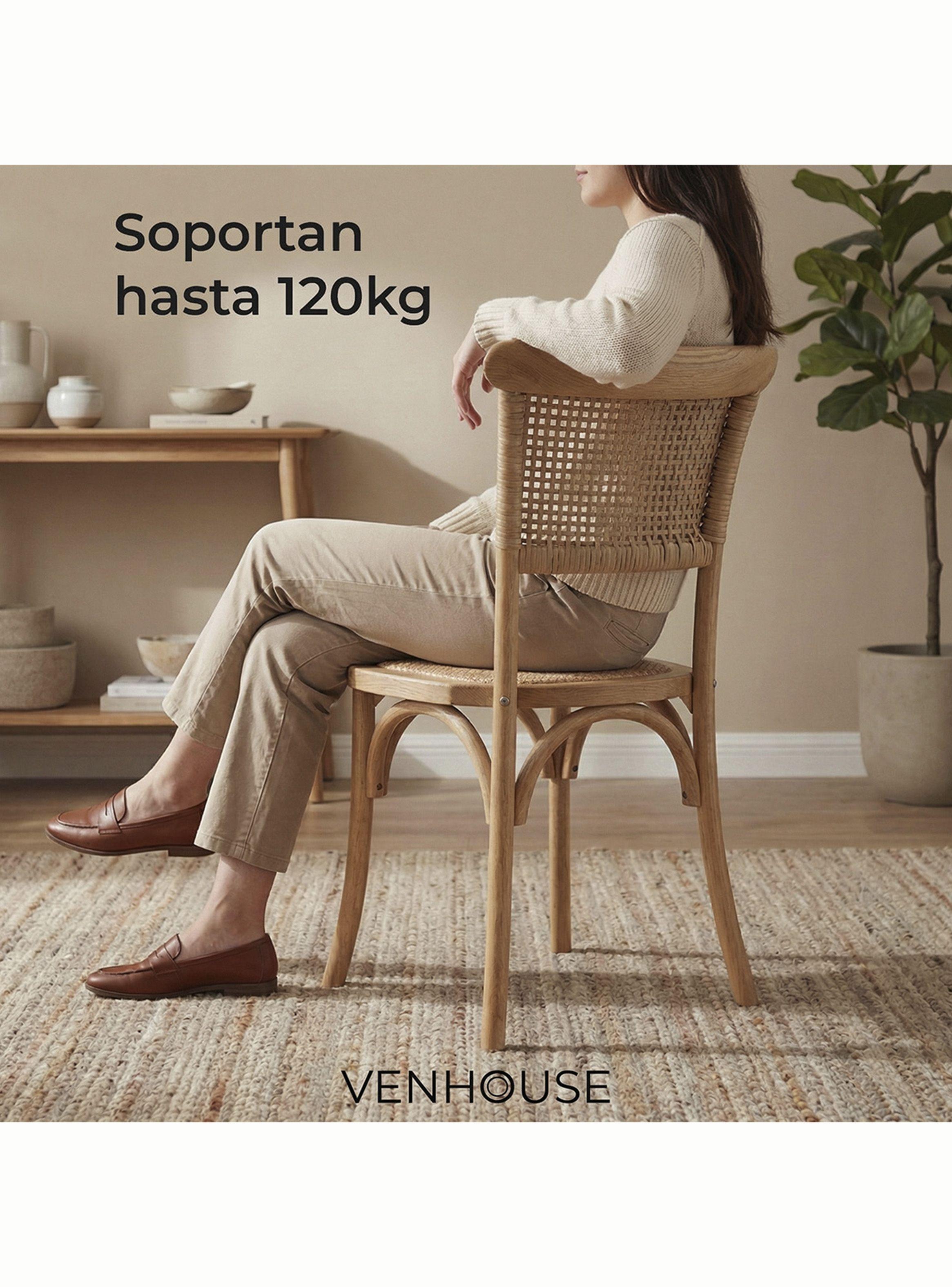 Silla Comedor Madera Rattan Crossback Tejida Venhoouse Marrón Claro-2