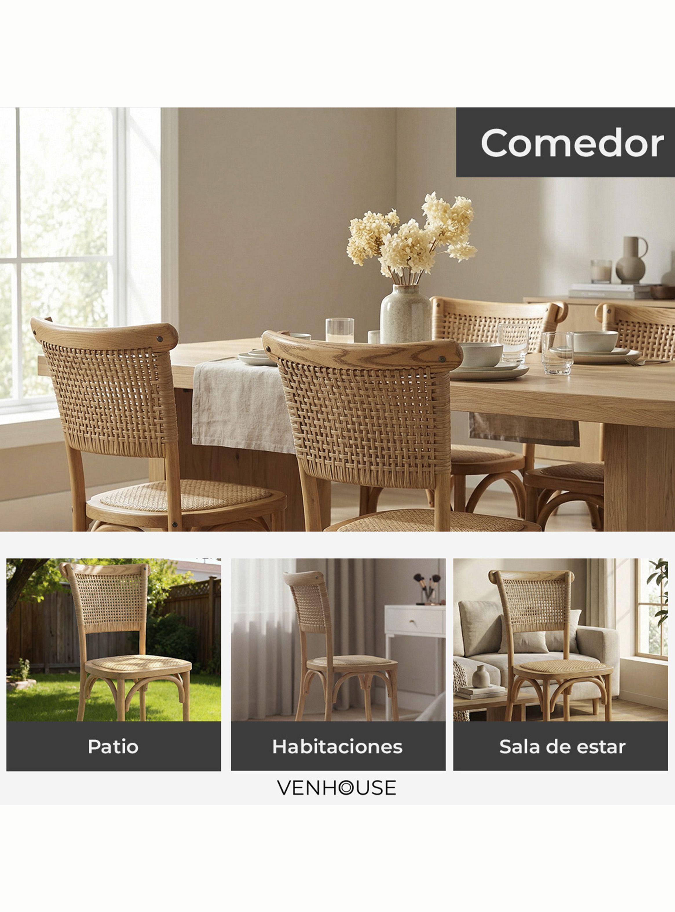 Silla Comedor Madera Rattan Crossback Tejida Venhoouse Marrón Claro-5
