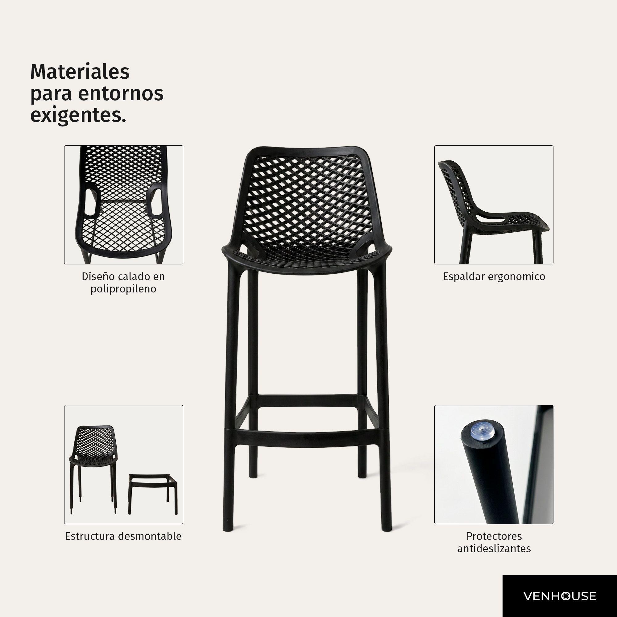 Pack 2 Taburetes Bar Pisos Sillas Altas Cocina Respaldo Exterior Berlin Negro-5