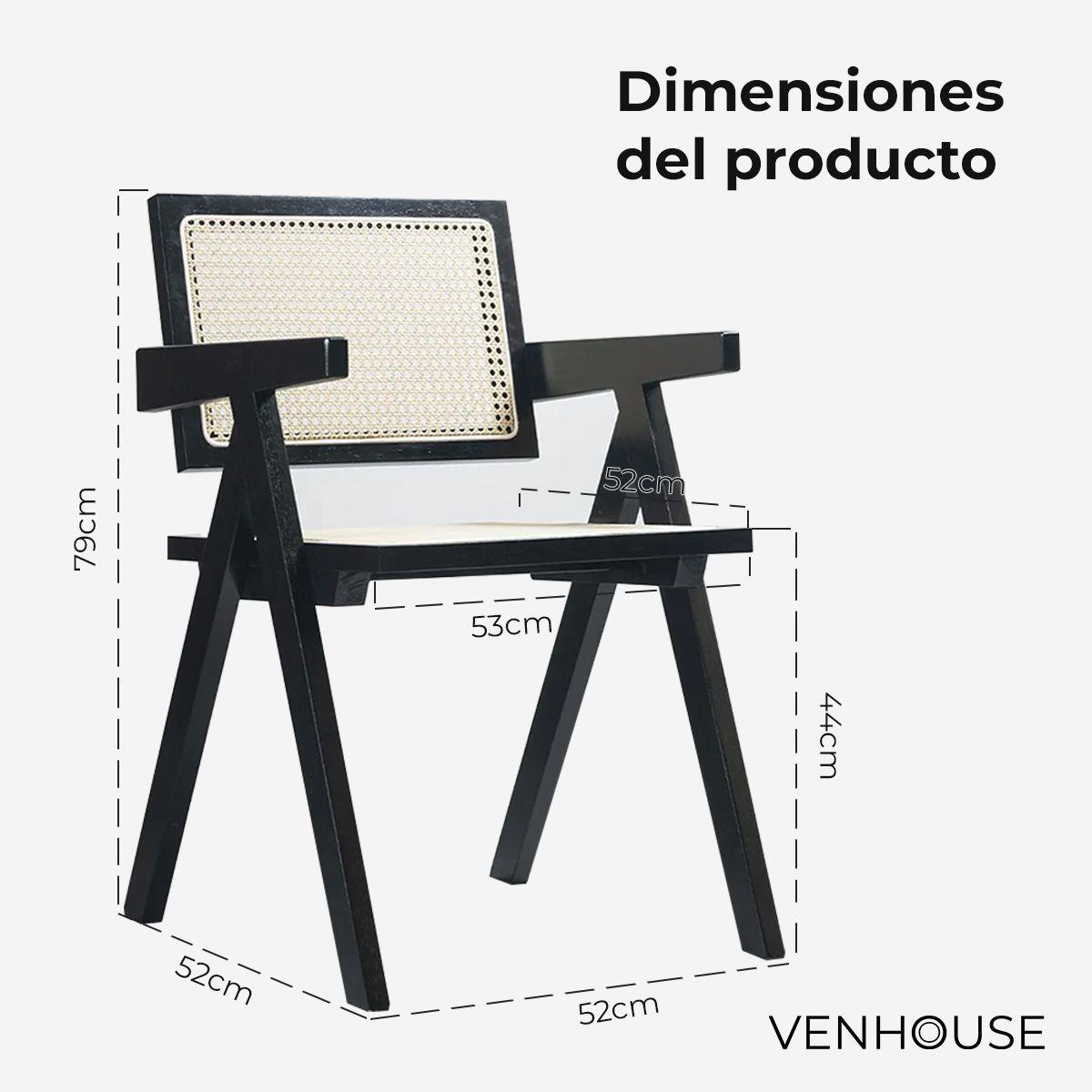 Pack 2 Sillas O Sitial Chandigarh Ratán Madera Para Comedor Negras-3
