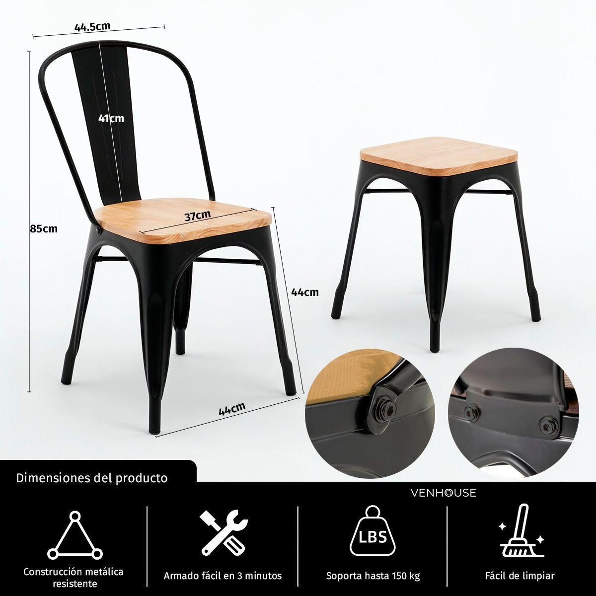 Pack 4 Sillas Tolix Negras De Madera Comedor Venhouse-3