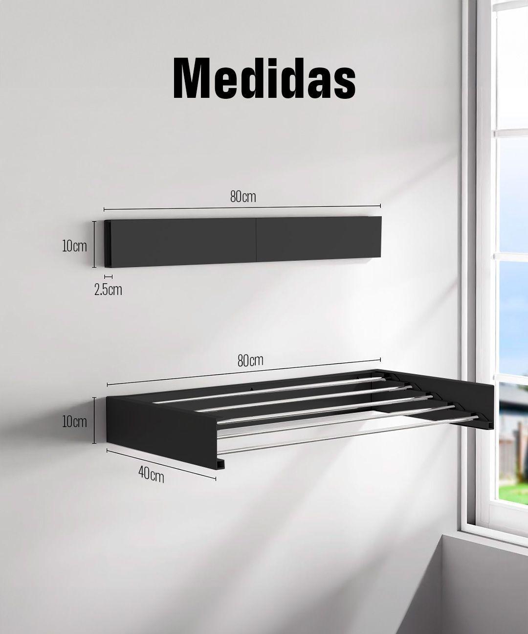 Tendedero De Ropa Plegable Retráctil De Pared Venhoouse 80cm Negro-2