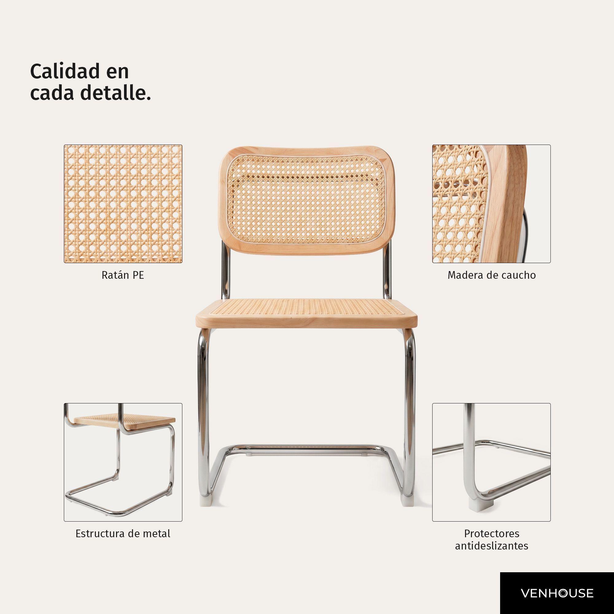 Pack 2 Sillas Para Comedor Cocina Ratán Madera Moderna Respaldo Breuer Naturales-4