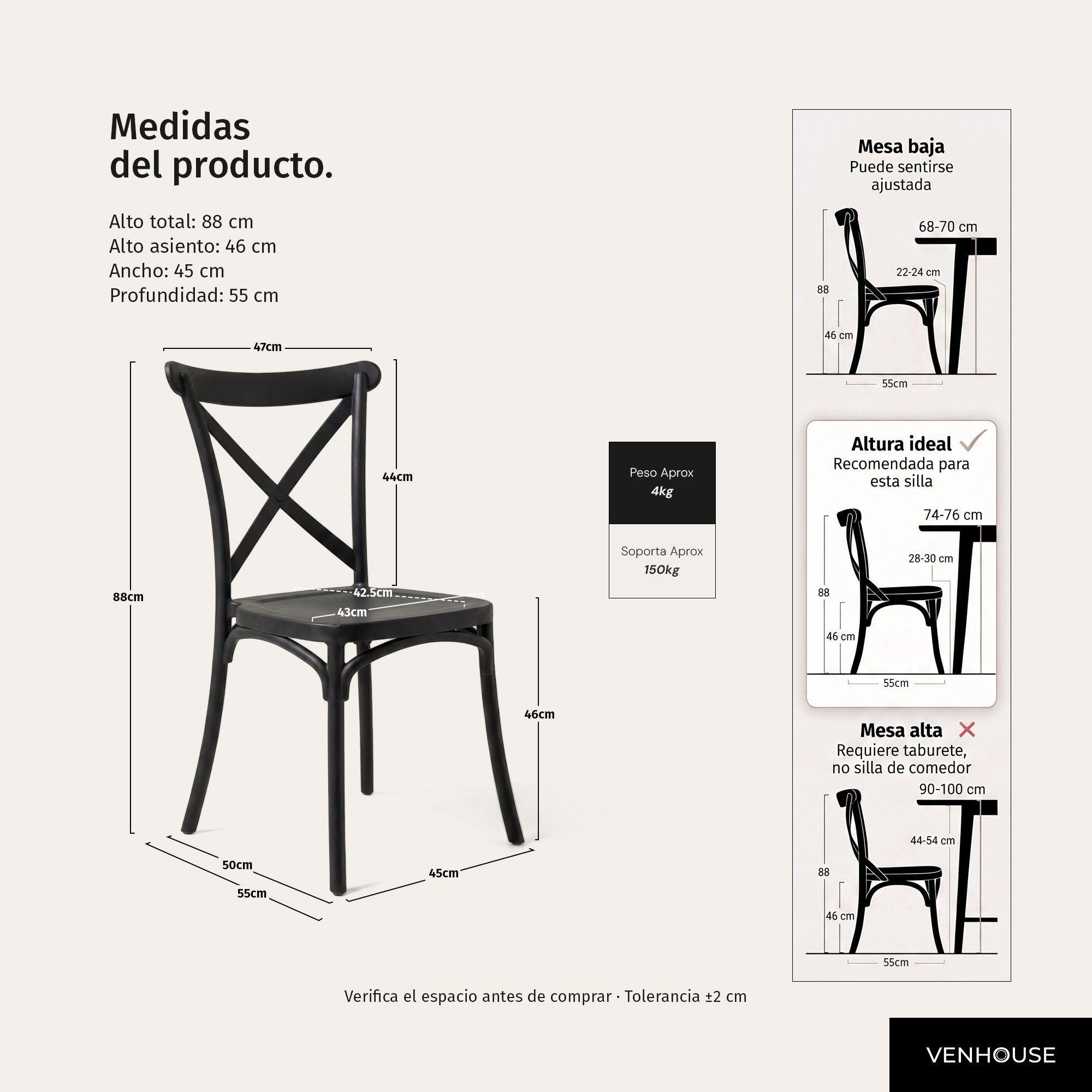 Pack 4 Sillas Crossback Para Comedor Apilables Polipropileno Negras-3