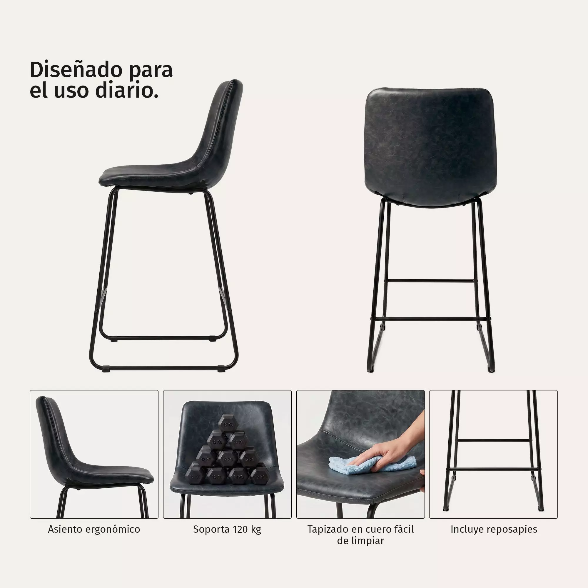 Silla Piso Bar Taburete Cocina Respaldo Metal Cuero Alta Burgos Negro-2
