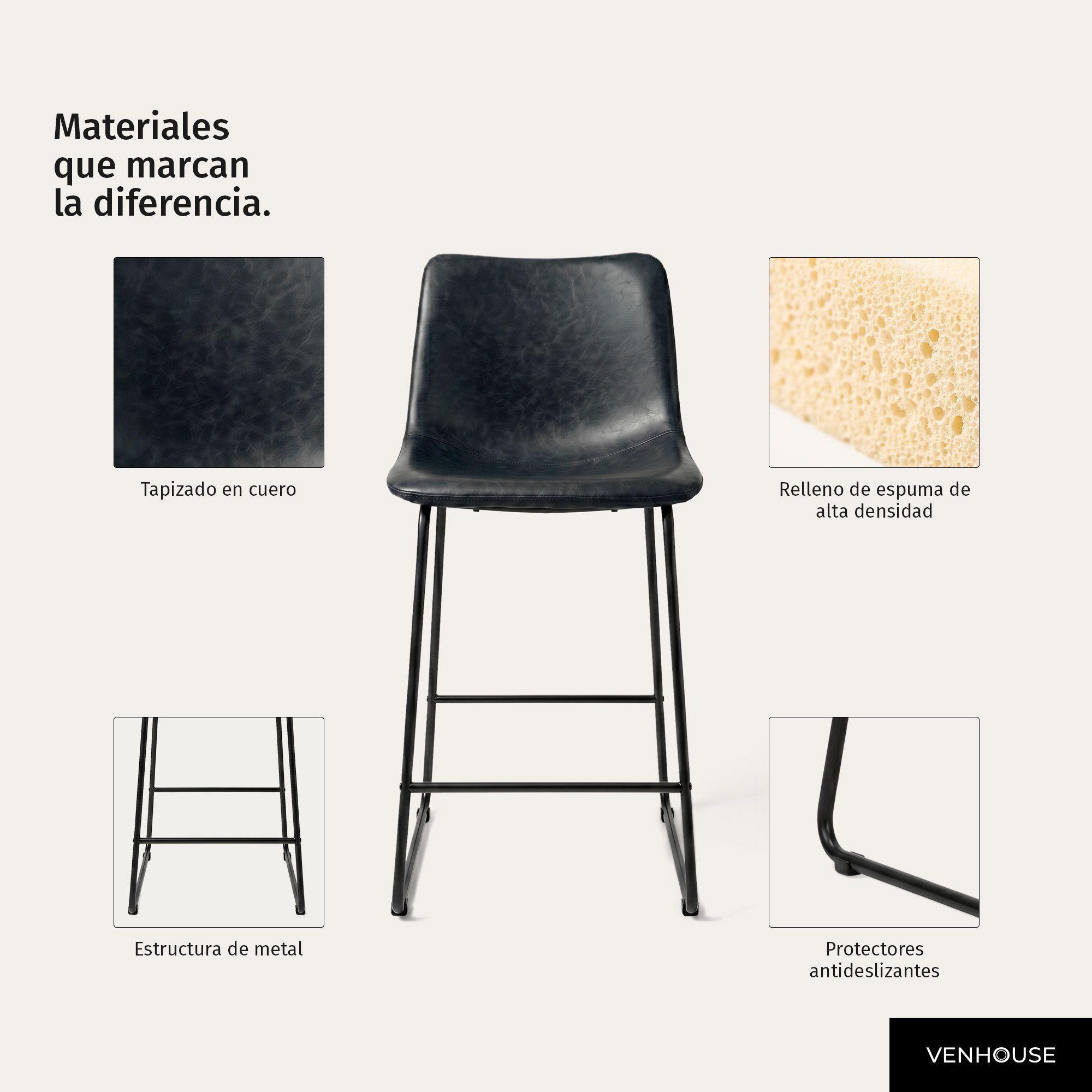 Silla Piso Bar Taburete Cocina Respaldo Metal Cuero Alta Burgos Negro-4