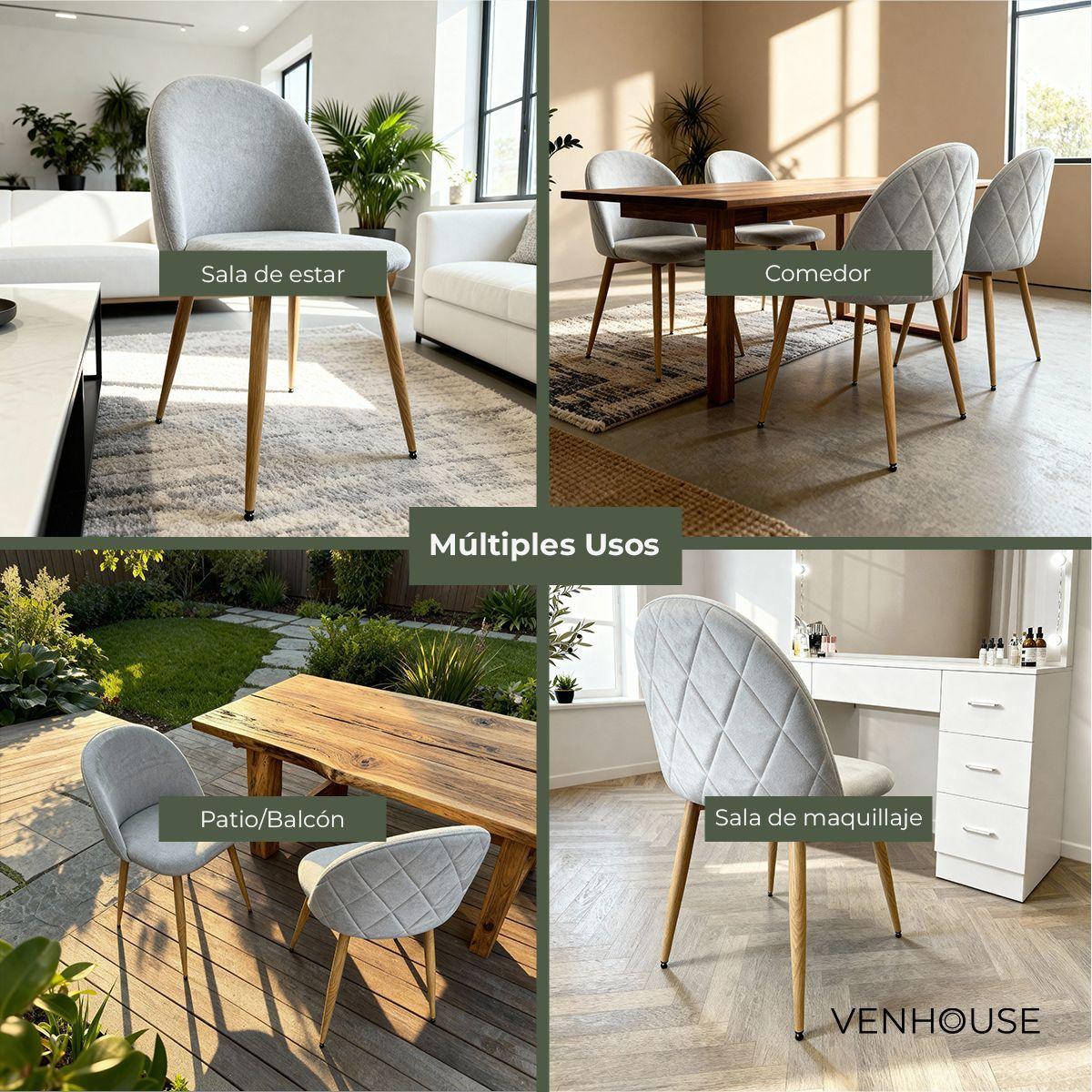 Pack 2 Sillas Comedor Moderna Acolchada Metal Sora Venhoouse Felpa Gris-4