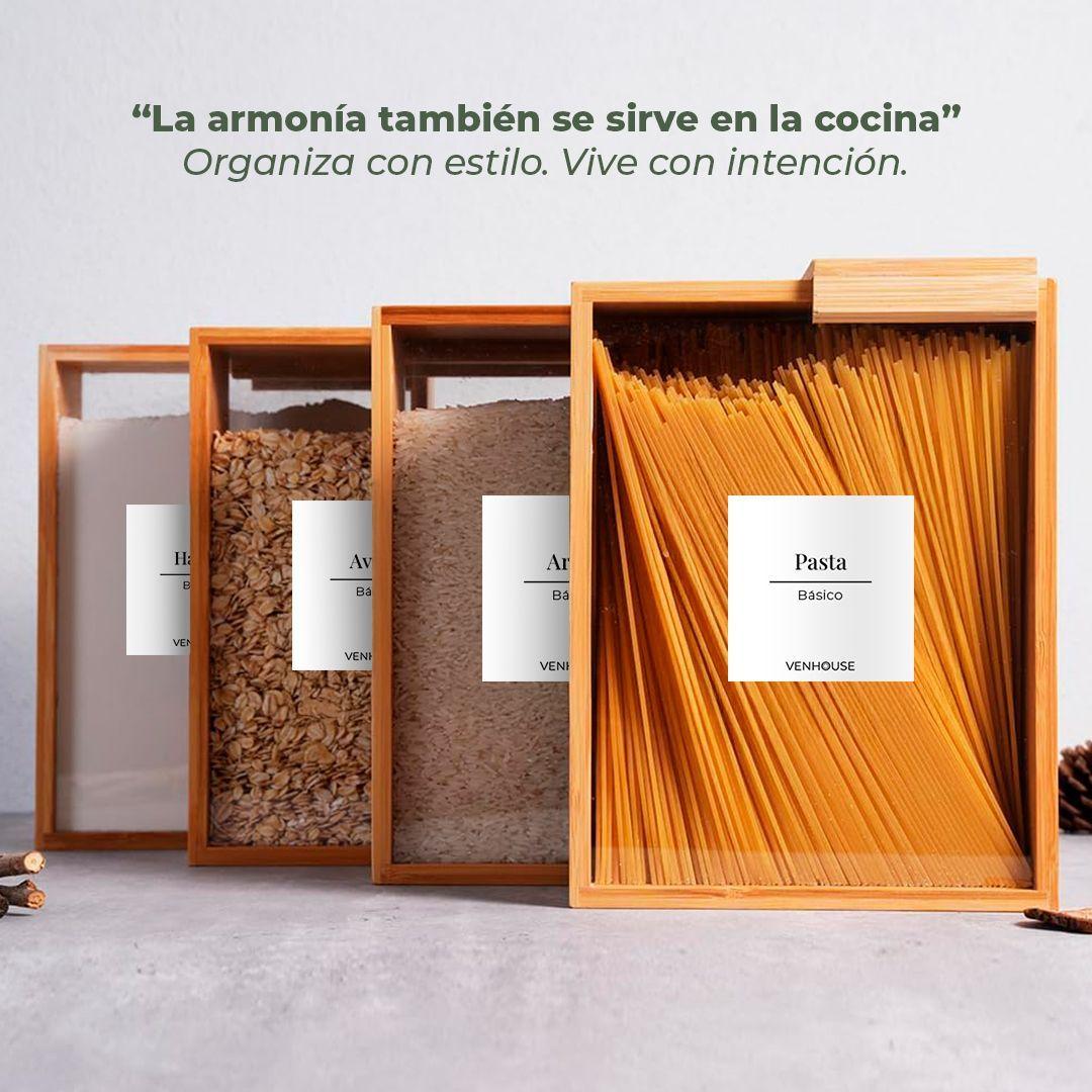 4 Contenedor Hermético Despensa Vidrio Bambú 2200ml Etiqueta Blanca-4