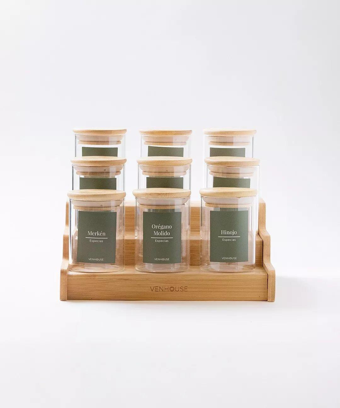 15 Especieros Redondos De Vidrio Rack Extensible Bambú Etiqueta Verde-2