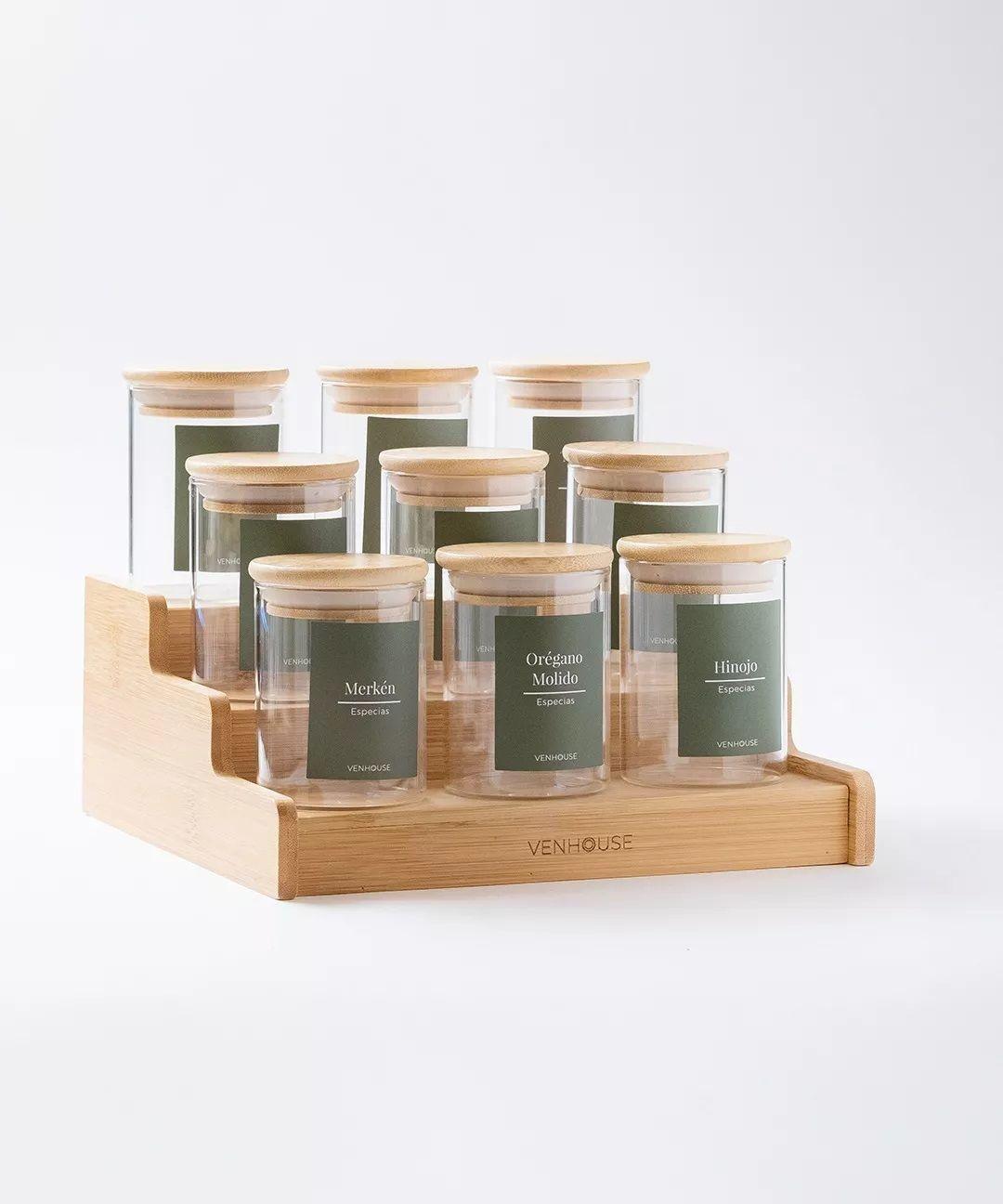 15 Especieros Redondos De Vidrio Rack Extensible Bambú Etiqueta Verde-4