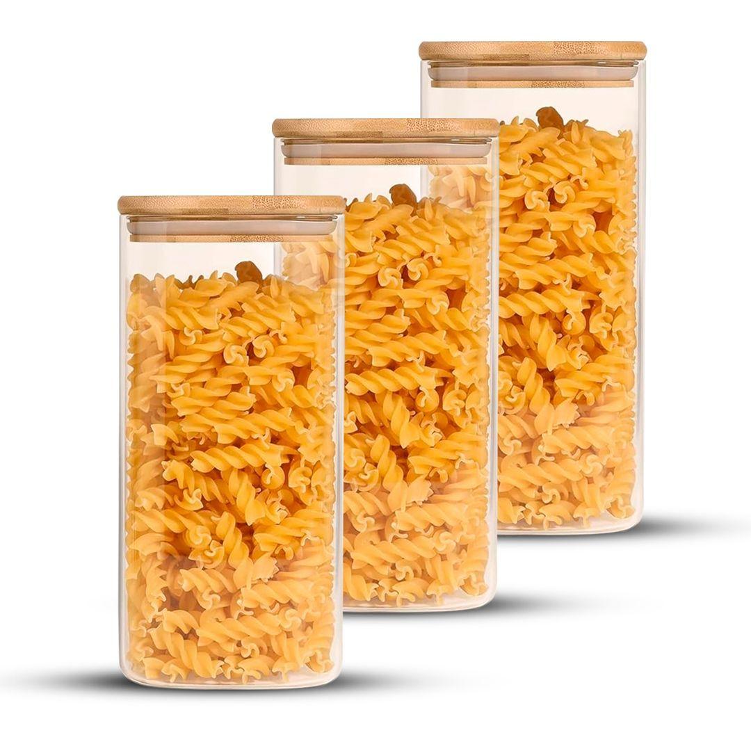 Pack 3 Contenedores Tarro Hermético Vidrio Tapa Bambú 1500ml-0