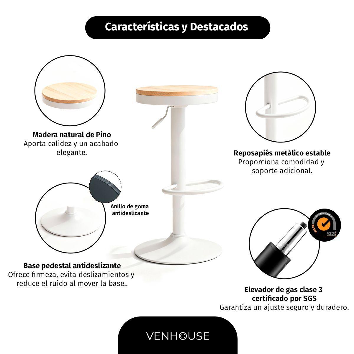 Pack 2 Taburetes Aron Regulable Pisos Bar Asiento De Madera Blancos-2