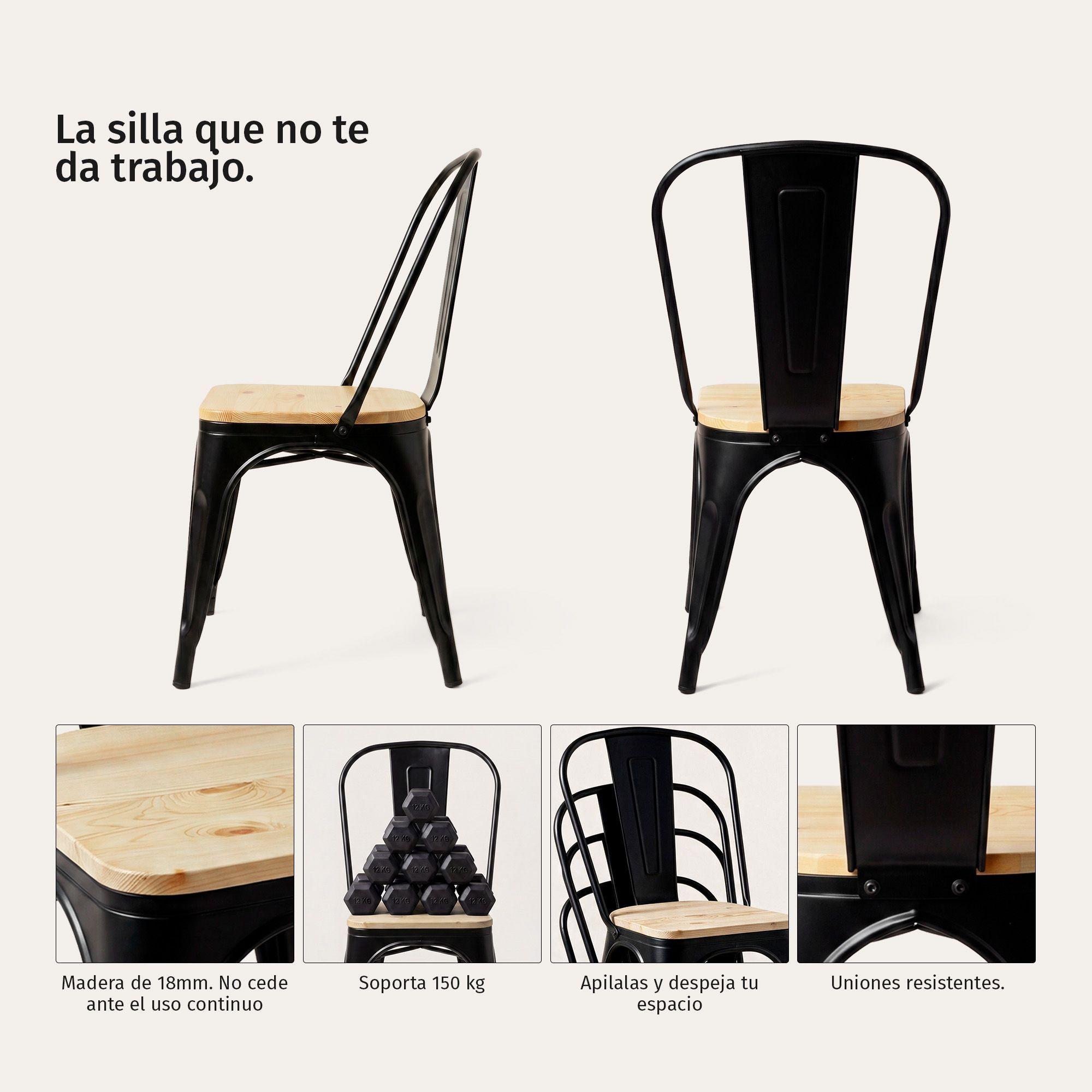 Pack 2 Sillas Comedor Terraza Exterior Tolix Metal Madera Natural Apilables Industrial Negras-2