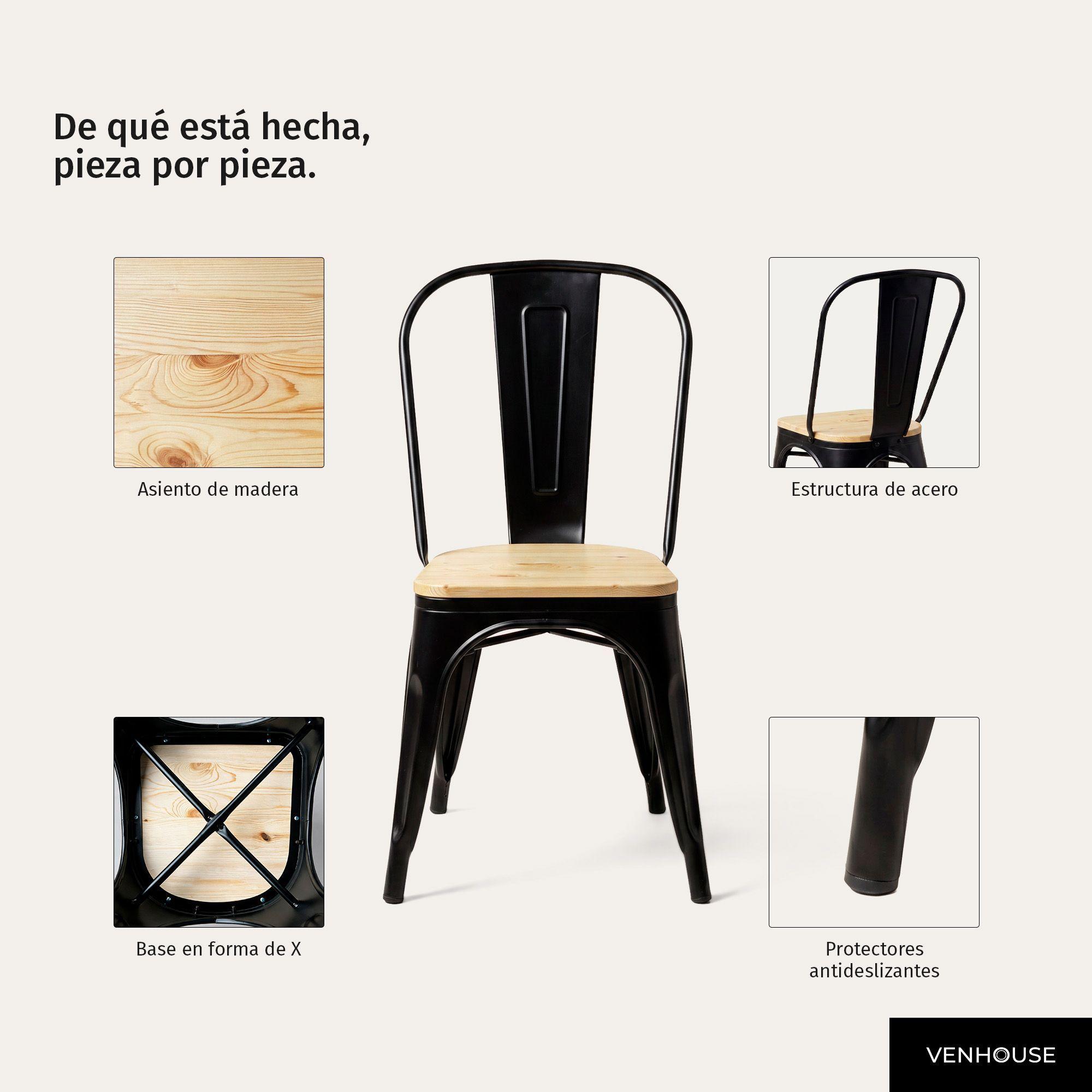 Pack 2 Sillas Comedor Terraza Exterior Tolix Metal Madera Natural Apilables Industrial Negras-5