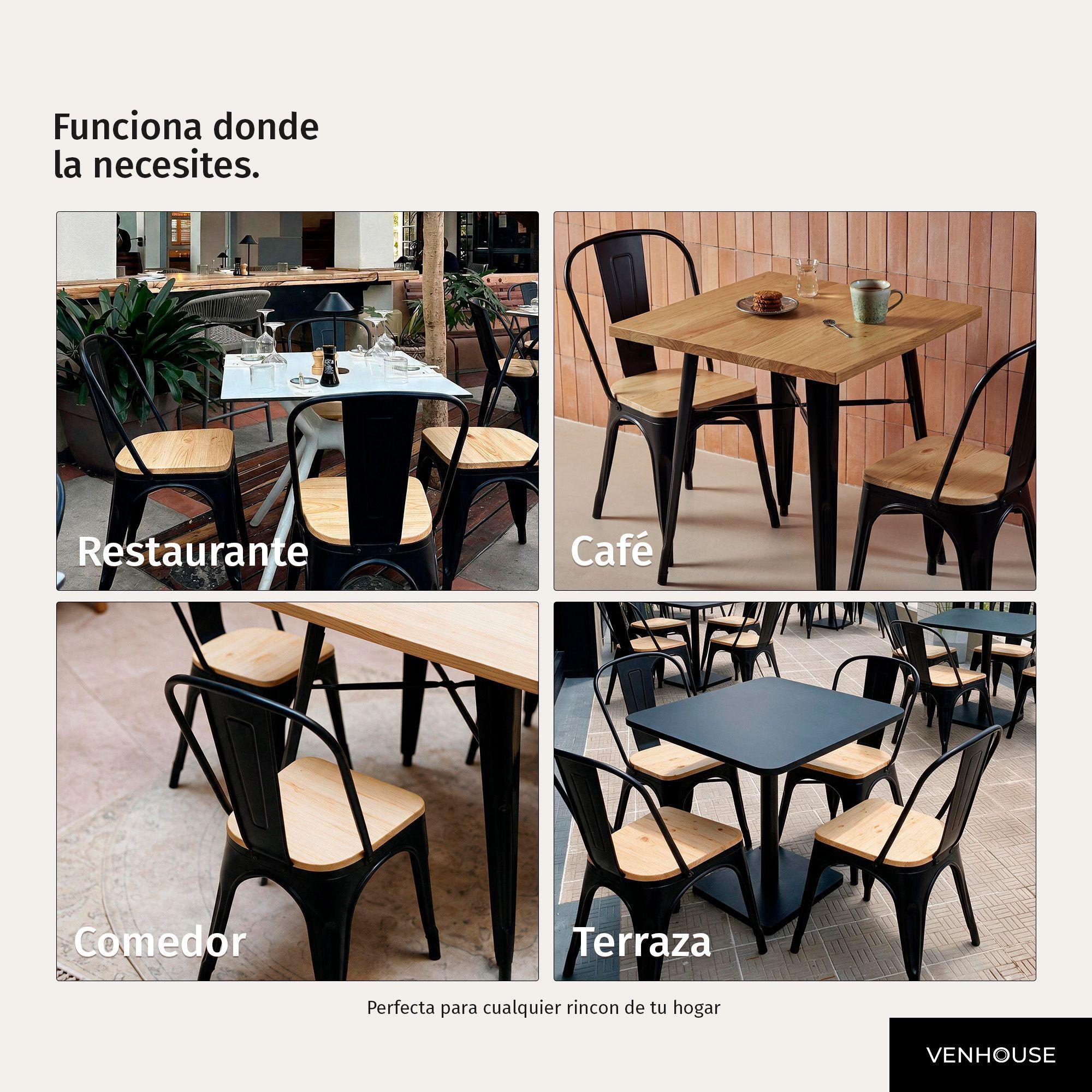 Pack 2 Sillas Comedor Terraza Exterior Tolix Metal Madera Natural Apilables Industrial Negras-6