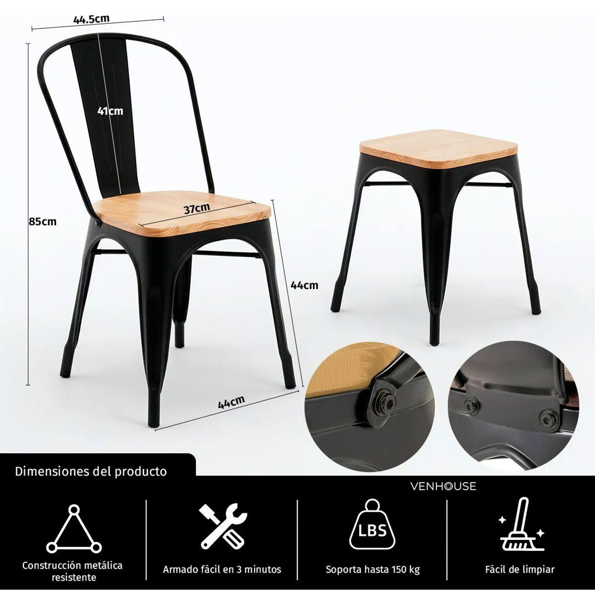 Juego De Comedor Tolix 4 Sillas Cuadrado 80cm Venhoouse Madera Natural-4