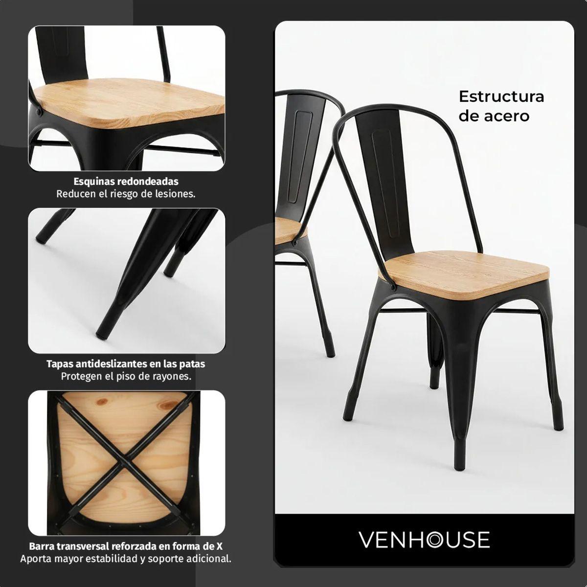 Juego De Comedor Tolix 4 Sillas Cuadrado 80cm Venhoouse Madera Natural-5