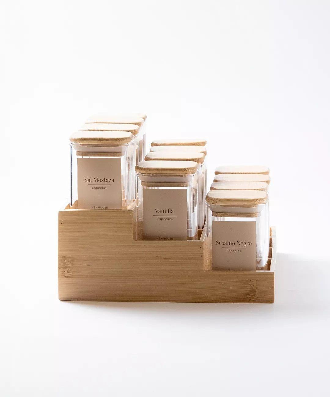 12 Especieros Herméticos De Vidrio Bambú Rack Para Cocina Etiqueta Beige-2