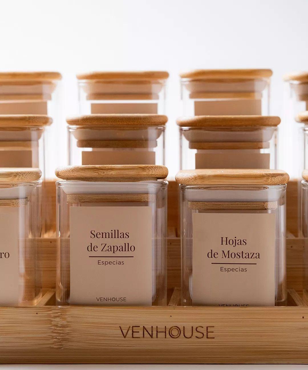 12 Especieros Herméticos De Vidrio Bambú Rack Para Cocina Etiqueta Beige-3