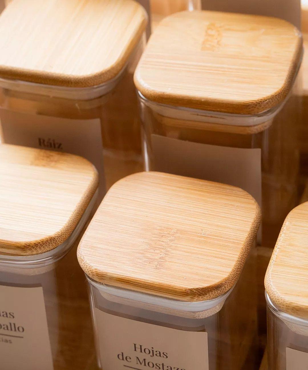 12 Especieros Herméticos De Vidrio Bambú Rack Para Cocina Etiqueta Beige-4