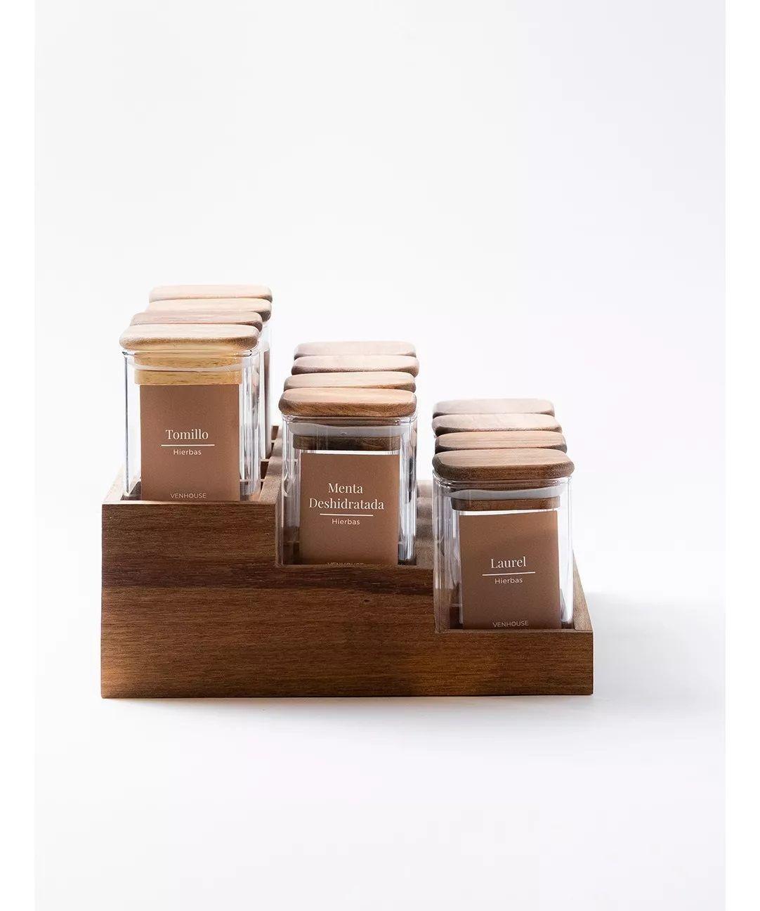12 Especieros Herméticos De Vidrio Acacia Rack Cocina Etiqueta Marron-3