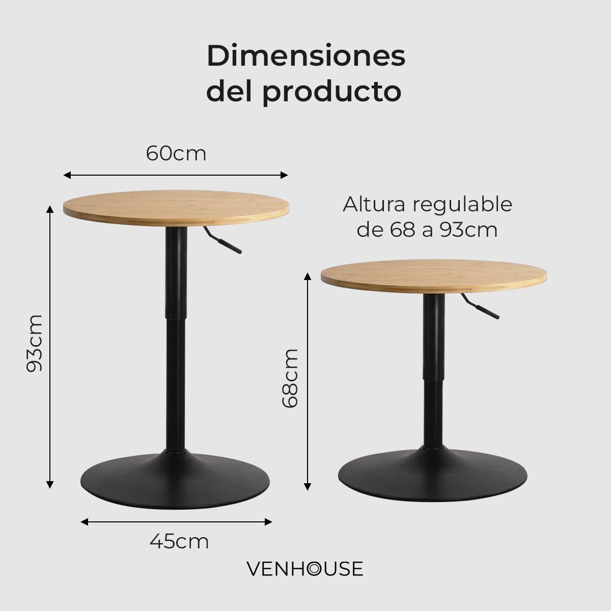 Pack 2 Mesas Bar Lorven Altura Ajustable Diámetro 60cm Comedor Madera Clara -3