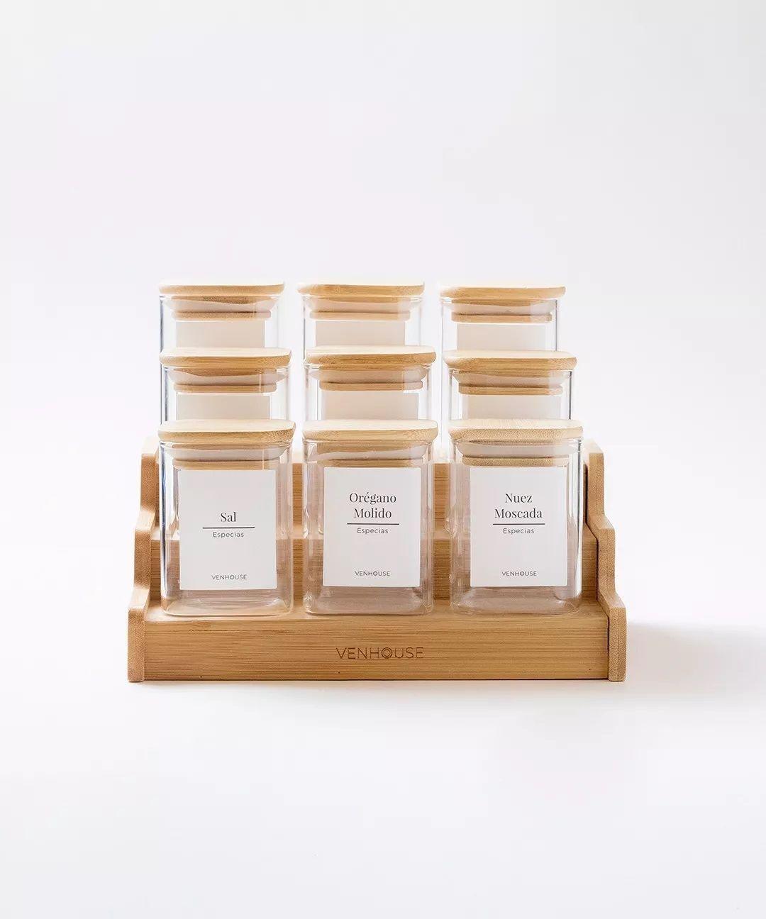 15 Especieros Cuadrados De Vidrio Rack Ampliable Bambú Etiqueta Blanca-2