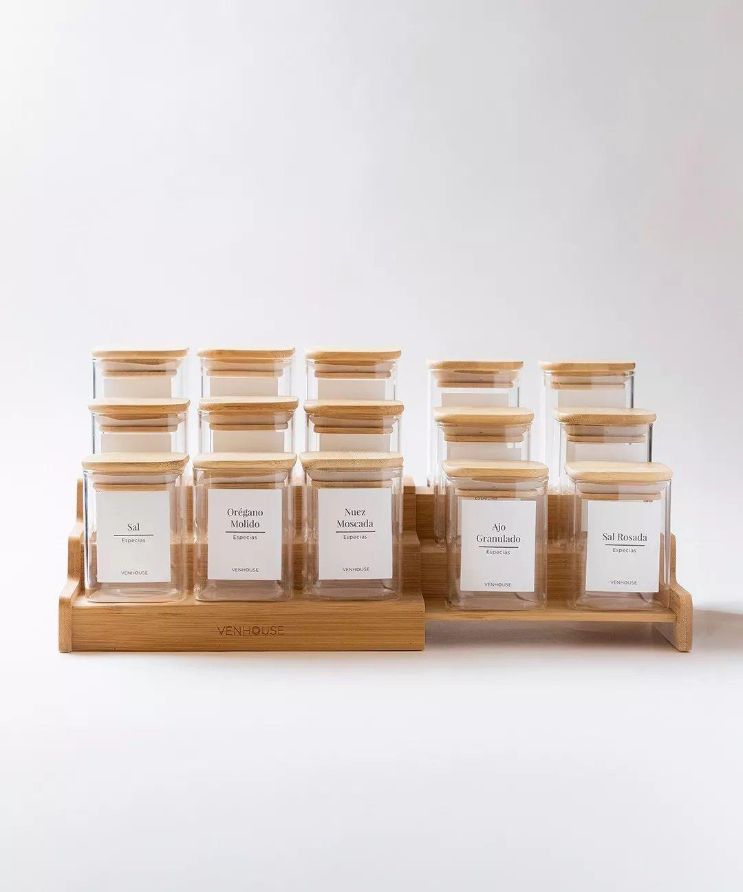 15 Especieros Cuadrados De Vidrio Rack Ampliable Bambú Etiqueta Blanca-3