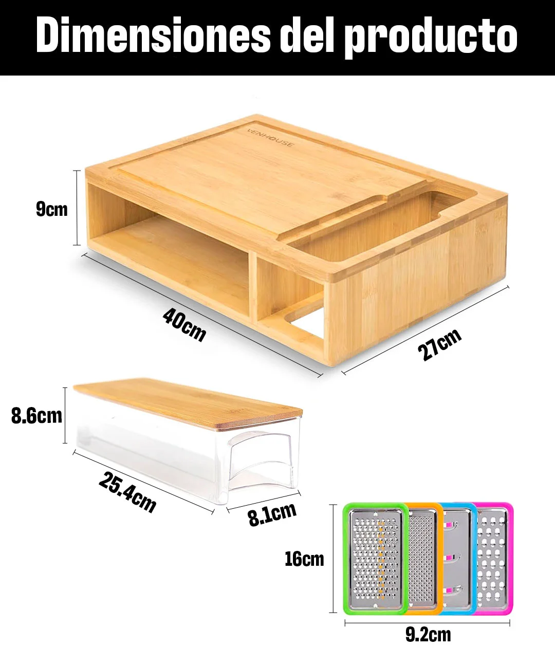 Tabla De Cortar De Bambú Multifuncional Con 4 Contenedores 4 Rallos Venhoouse -1