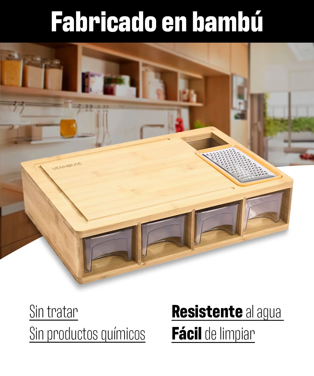 Tabla De Cortar De Bambú Multifuncional Con 4 Contenedores 4 Rallos Venhoouse -3