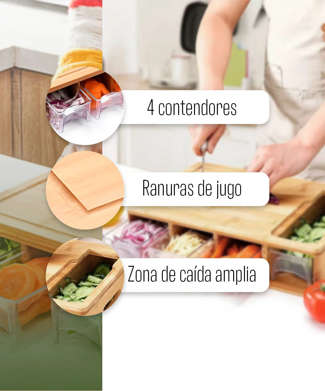 Tabla De Cortar De Bambú Multifuncional Con 4 Contenedores 4 Rallos Venhoouse -4