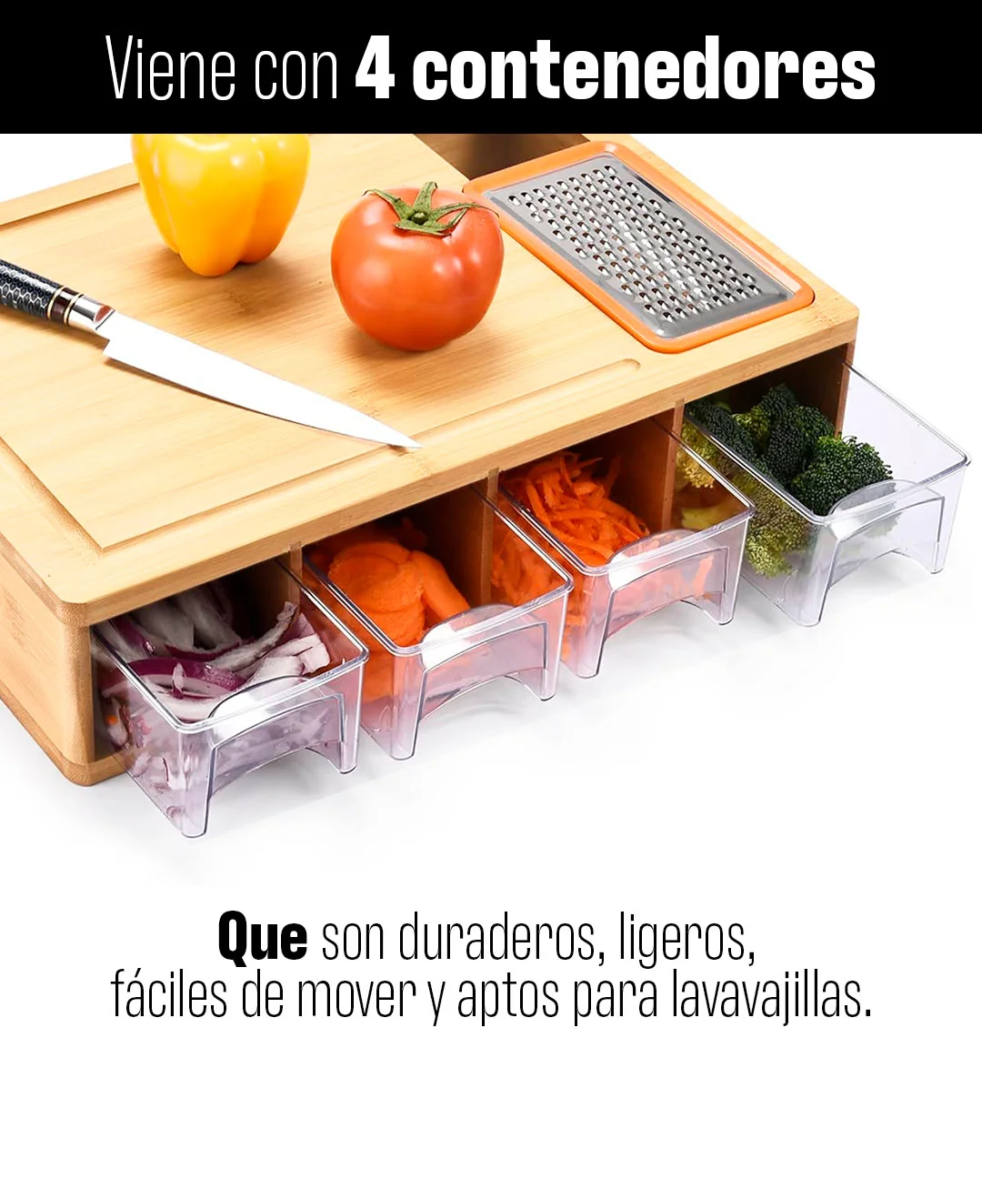 Tabla De Cortar De Bambú Multifuncional Con 4 Contenedores 4 Rallos Venhoouse -6