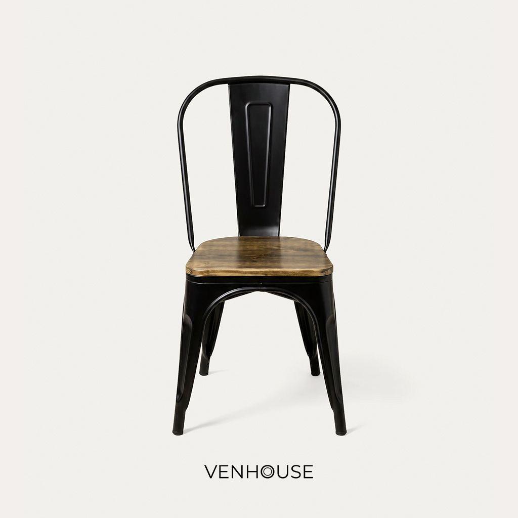 Silla Tolix  De Metal Con Asiento De Madera Oscura Para Comedor -4