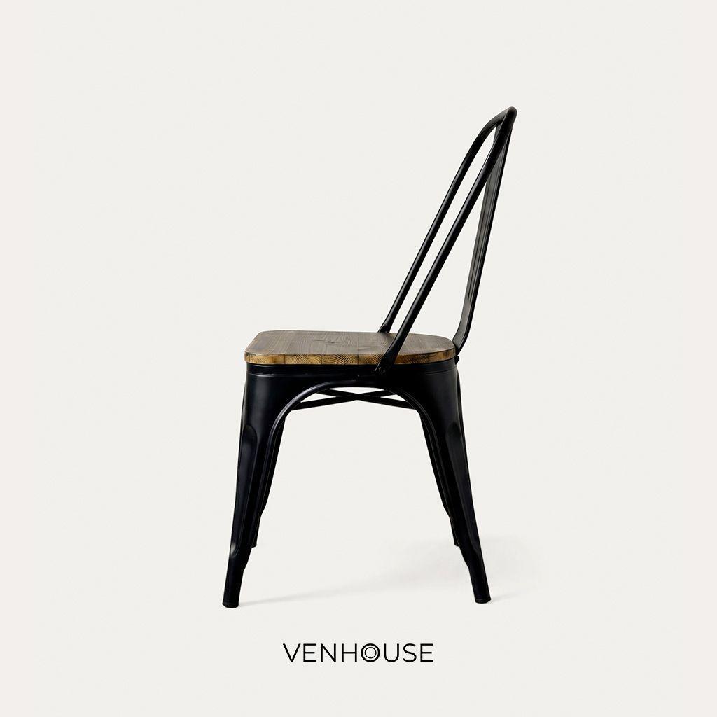 Silla Tolix  De Metal Con Asiento De Madera Oscura Para Comedor -5