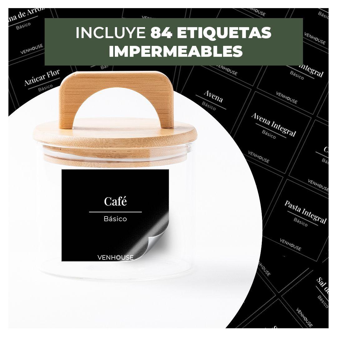 Set 4 Contenedores Herméticos Vidrio Cocina Bambú Con Asa Etiqueta Negra-2