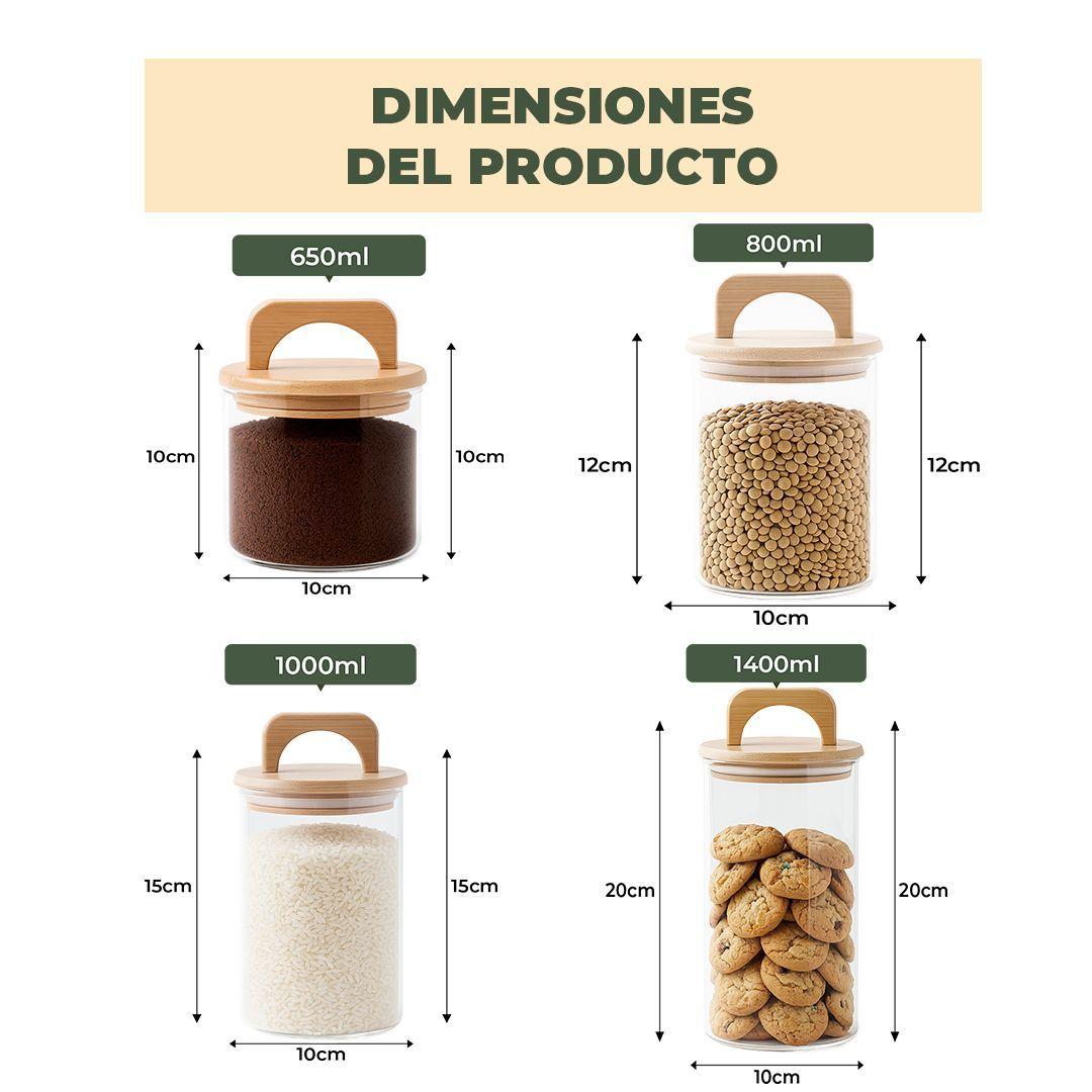 Set 4 Contenedores Herméticos Vidrio Cocina Bambú Con Asa Etiqueta Negra-4