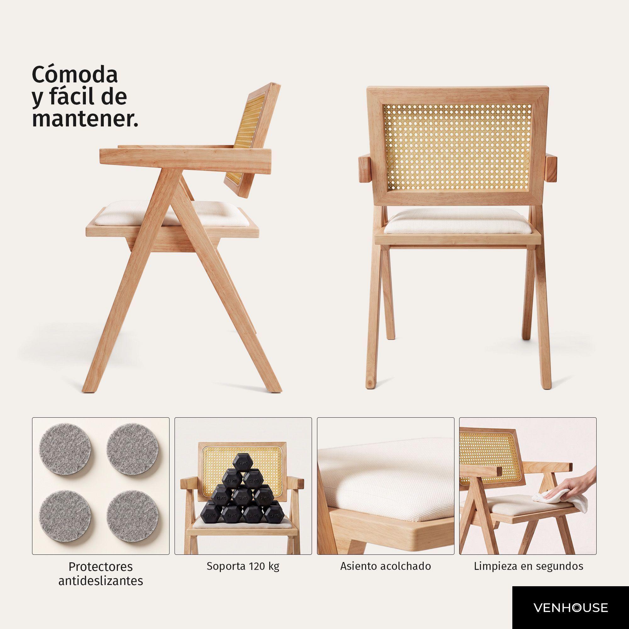 Pack 2 Silla Comedor Chandigarh  Madera Cojín Lino Venhoouse-1